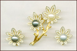 Trifari Faux Pearl & Rhinestone Flower Pin Set 
