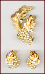 Trifari Gold Tone & Faux Pearl Oak Leaf Pin & Earrings Set